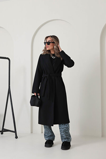 Prilika Palton lung supradimensionat pentru femei, căptușit cu negru, cu buzunare, cu centură