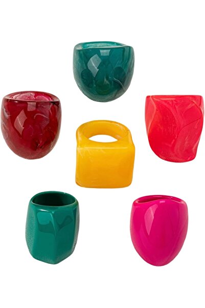 Just Pretty Corner Colorful Resin Rings Set - 6 Pieces - Elegant Vintage Style - Women's Fashion Rings Set - Assorted C