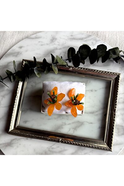 Trevi Accessories Marka Turuncu Kristal Boncuk Detaylı Çiçek Küpe