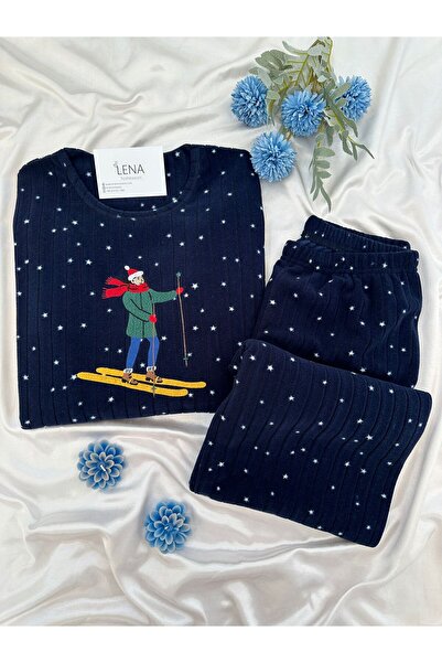 Lena Homewears Yıldız Desenli Lacivert Polar Pijama Takımı