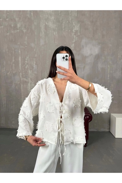 URİS Women's White Tassel Detailed Tied Seasonal Summer Premium Linen Shirt