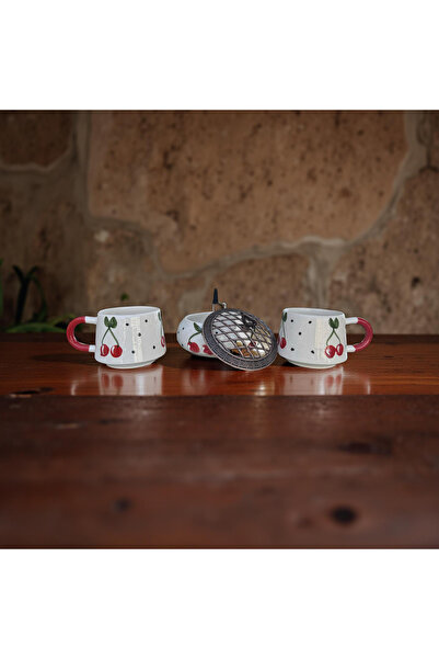 İlbay Çini Takı 2 Handcrafted Ceramic Mugs with Cherry Pattern and 1 Poyraz Sugar Bowl