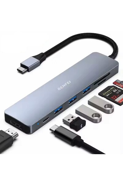 BENFEI Hub USB-C 7 în 1, HDMI 4K 60Hz, 3 x USB 3.0, Cititor de carduri SD/TF, Încărcare Power Delivery 100W