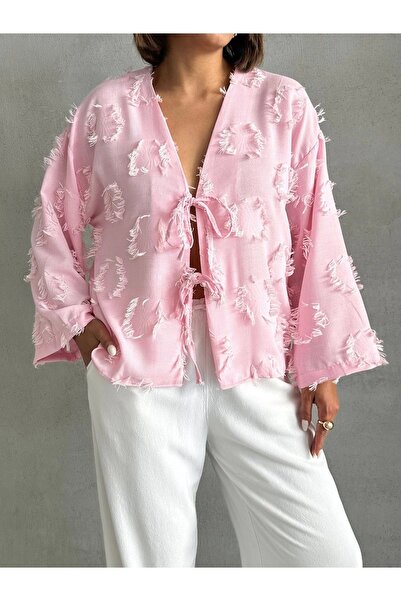 URİS Cămașă de in premium de vară, cu ciucuri, roz bomboană, pentru femei