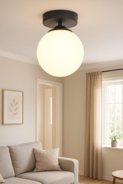 Taşcan Aydınlatma Mine Tekli Siyah Plafonyer Mutfak Koridor Avize Beyaz Camlı