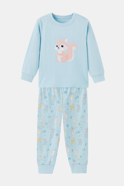 İYİBU Girl's Thermal Pajama Set – Blue Squirrel Pattern