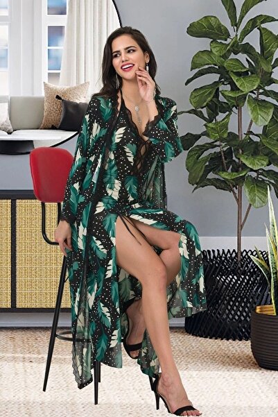 Viselya Dantelli Yırtmaçlı Yeşil Gecelik Sabahlık Takım