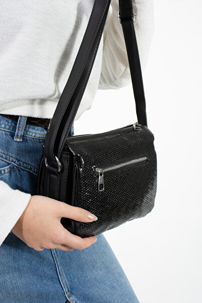 H&D COLLECTİON Women's 3 Compartment Black Drop Pattern Adjustable Cross Strap Faux Leather Shoulder Bag S-1368