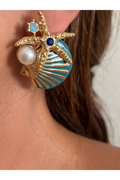 tones official Blue Enamel Pearl and Zircon Stone Mussel Earrings