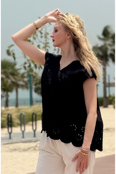 MEEMSEEN INDEPENDENT Women’s Black Cotton Eyelet Embroidered Top – Chic Summer Blouse