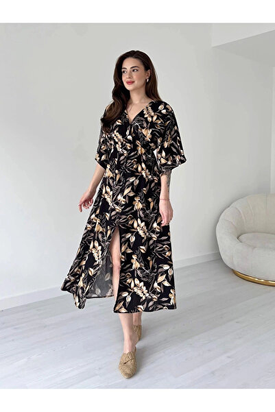 URİS Γυναικείο μαύρο φλοράλ μοτίβο μπροστινό σχιστό λεπτομερές καλοκαιρινό φό...