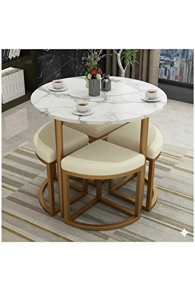EDMONDA EV AKSESUAR ALARA GOLD METAL YUVARLAK YEMEK MASASI TAKIMI 4 KİŞİLİK BALKON MASASI TAKIMI MUTFAK MASASI