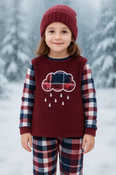 asiltr Girl, Teenager and Child Cloud Patterned Long Sleeve Fleece Plush Fabric Winter Warm Pajama Set