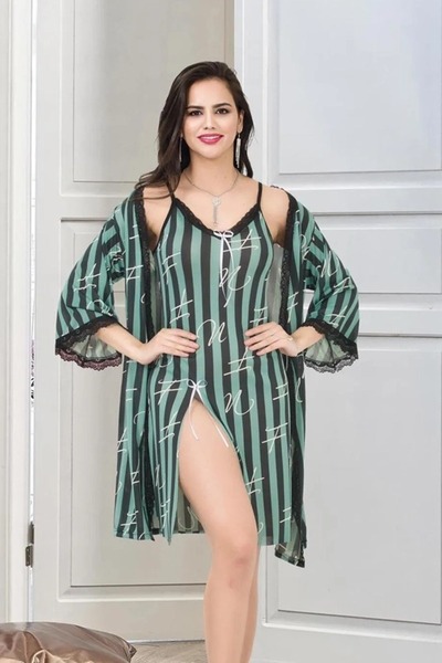 Viselya Μαύρο Δαντέλα άνοιγμα Πράσινο Μαύρο Σετ Νυχτικό και Ρόμπα