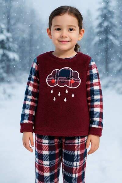 asiltr Girl, Teenager and Child Cloud Patterned Long Sleeve Fleece Plush Fabric Winter Warm Pajama Set