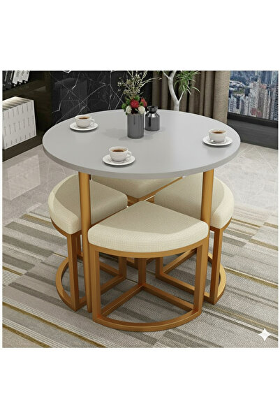EDMONDA EV AKSESUAR ALARA GOLD METAL YUVARLAK YEMEK MASASI TAKIMI 4 KİŞİLİK B...