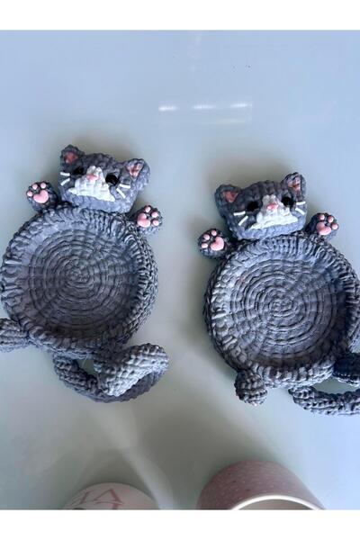 pynarix Tambourine Cat Figured Coaster 🐾 🧶 3D Organic Braided Washable - Double Model
