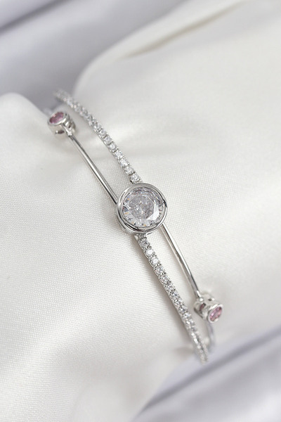 Skygo Pirinç Zirkon Taşlı Pırlanta Model Gümüş Renk Kadın Bileklik - TJ-BB7880