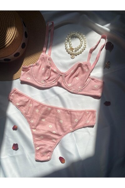 unbranded Daisy Çiçek Desenli Balenli Pamuklu Pembe Sütyen Takımı