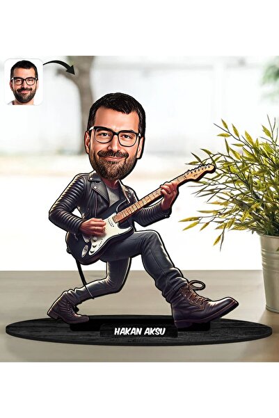 Bk Gift Kişiye Özel Bay Gitarist Karikatür Ahşap Biblo - 2, Arkadaşa Hediye, ...