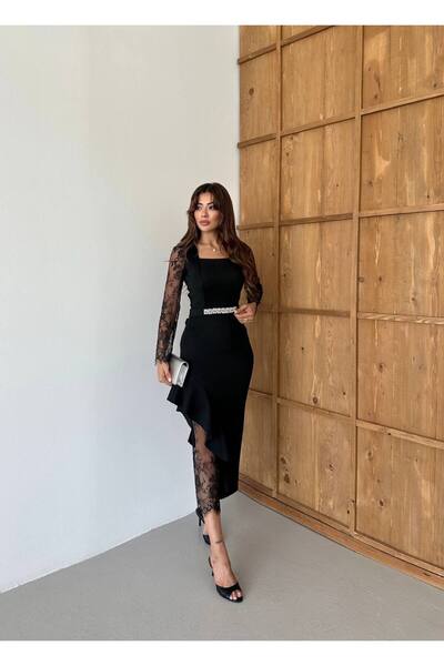 Monchoix Kadın Otriş Detaylı Dantelli Taşlı İthal Kumaş Elbise