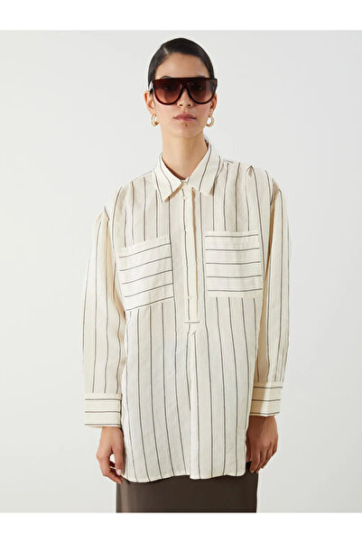 LC Waikiki Beige Shirt Collar Striped Modal Blended Women's Tunic