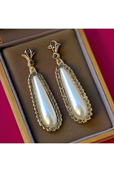 MİRSTAR Zircon Stone Covered Mallorca Pearl Bronze Earrings