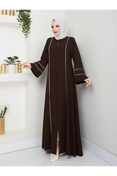 Zeynep Tesettür Düz Biyeli Ferace - Acı Kahve/Beyaz