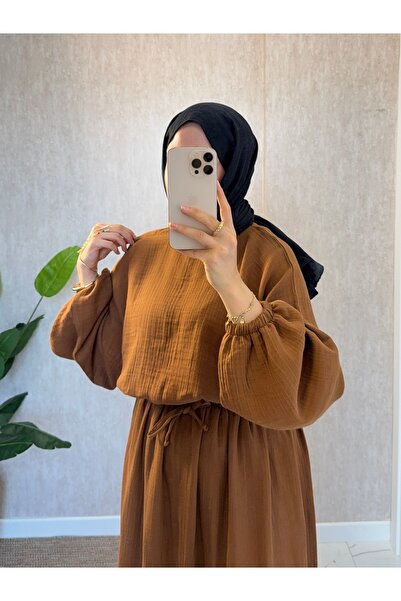 Moda Lippa Chocolate Muslin Skirted Casual Set with Elasticated Sleeves