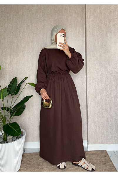 Moda Lippa Kakao Muslin Skirted Casual Set with Elasticated Sleeves