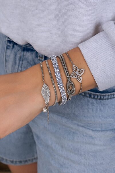 Yegane Gümüş renk Bileklik Seti 7li set suyolu italyan kanat düğüm çiçek nomi...