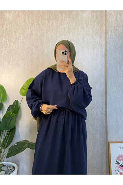 Moda Lippa Navy Blue Muslin Skirted Casual Set with Elastic Sleeves