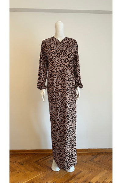 GİZGİYİM Leopard Patterned Combed Cotton Side Tie Prayer Dress Plus Size