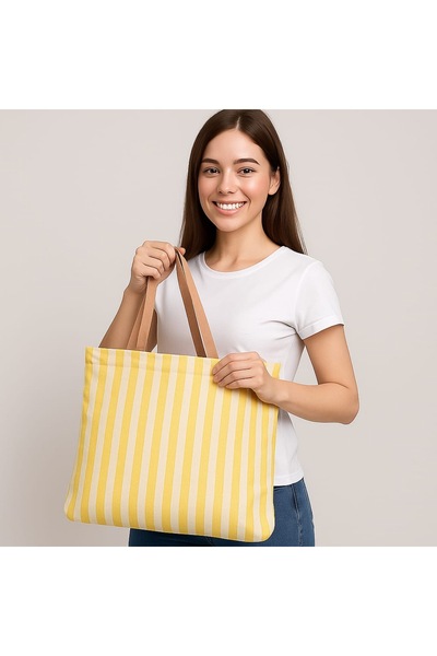 ANP MODA TASARIM Striped Canvas Women's Hand Shoulder Bag with Zipper Inside ...