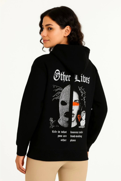 CanselButik EQURİ Φούτερ με κουκούλα με τρεις ρίγες με στάμπα μπροστά και πίσω - Μαύρο