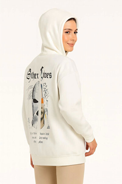 Gökyüzü Moda Three Thread Hooded Front and Back Printed Sweatshirt Hoodie - White