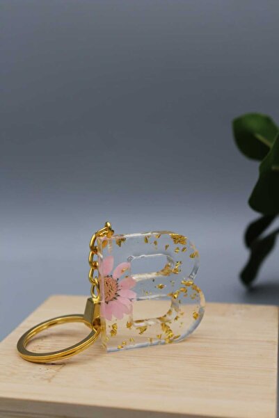 Roza ميدالية مفاتيح مزينة بالورد المجفف وورق الذهب حرف B من الرزين الفاخر