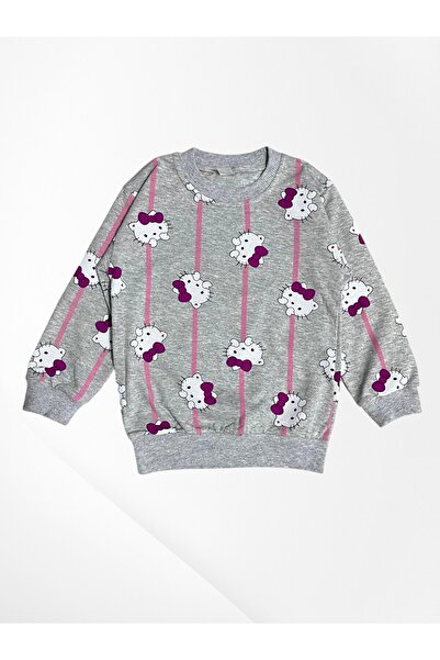 Pajama Shop Girl's Cotton Fabric Gray Color Cat Patterned Long Sleeve Winter Pajama Set