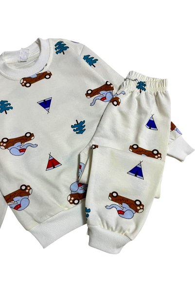Pajama Shop Boy's Cotton Ecru Color Elephant Car Patterned Long Sleeve Seasonal Pajama Set