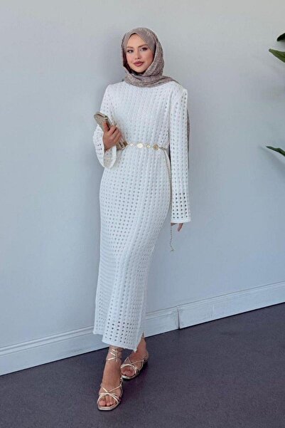 Şulemoda Giyim Palmiye Fileli Elbise Beyaz