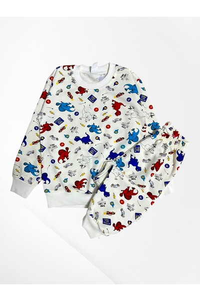 Pajama Shop Boy's Cotton Ecru Dinosaurs Patterned Long Sleeve Seasonal Pajama Set