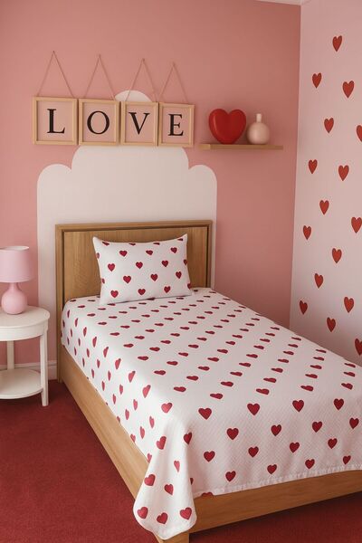 adenkahome Viral Red Heart Pattern Single Pique Bedspread Set 160X230 cm (Without Sheets)