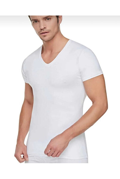 Tutku Men's Ribbed Cotton Short Sleeve V-Neck Underwear 3 Pieces