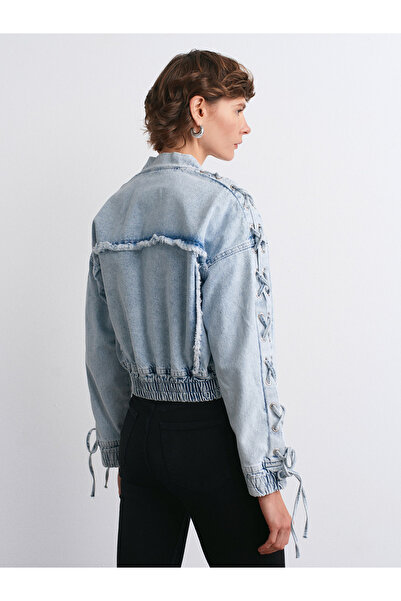 Dilvin 65367 Palton bomber din denim cu mâneci cu știfturi-albastru