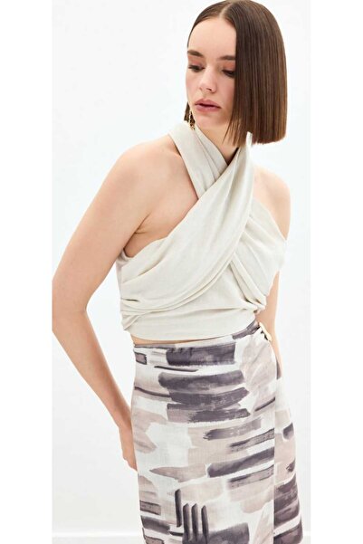 Sateen Halter Yaka Crop Bluz