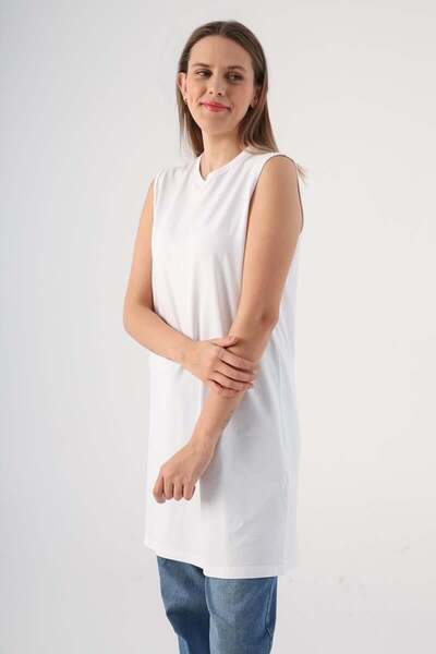 ALLDAY White-Cotton Collared Sleeveless Tunic