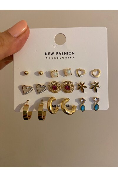 Anetta Jewelry Altın renk minimal modeller kadın 9’lu Çelik küpe seti