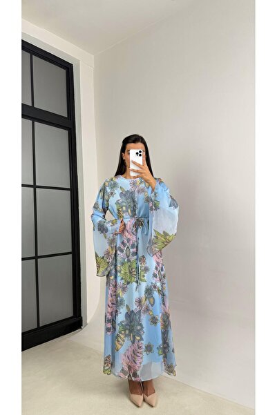 Gaus Blue Floral Print Belted Flounce Sleeve Lined Chiffon Dress Gaus-00105