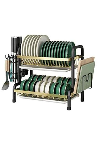 Tradeo رف أطباق أخضر وذهبي من طبقتين مع حامل أدوات ولوح تصريف - حل أنيق لتنظيم المطبخ