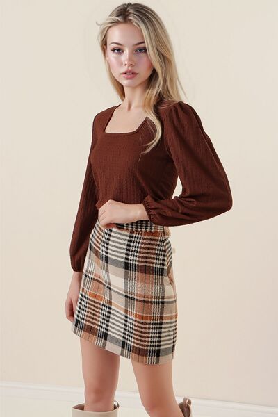 Hiccup Bdart Textured Square Neck Long Sleeve Blouse